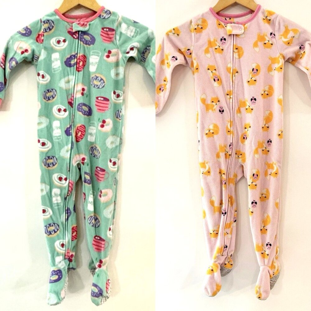 Carters 3T Pajamas One Piece Full Zipper Girls Fox Donuts Pink Green Fleece Lot